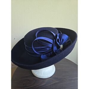 Forbusite Navy Blue Kentucky Derby Tea Hat with Bow Trim 100% Wool